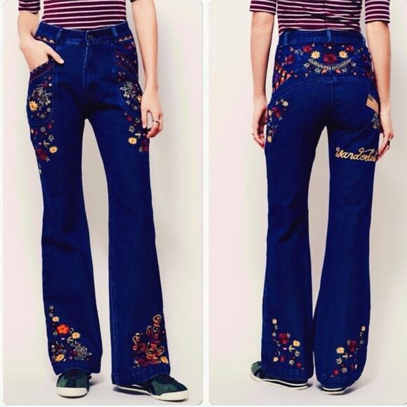Spell And The Gypsy Love Child Embroidered Funky High Waist Flare Jeans Small - Picture 1 of 8